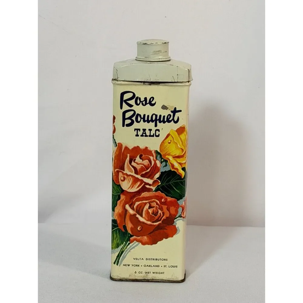 VTG Rose Bouquet Talc Metal Canister with Lid Roses Floral Boudoir 1940s 1950s